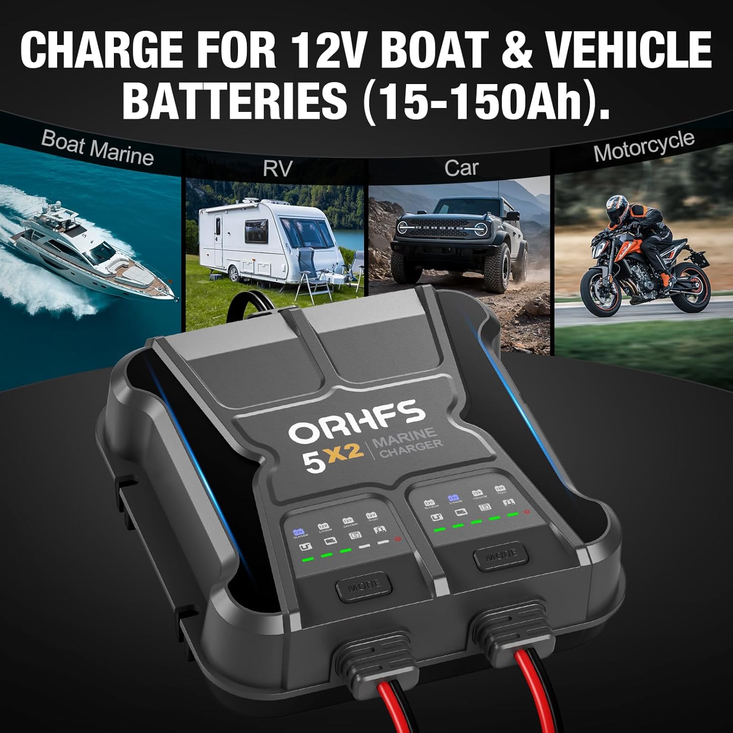 2-Bank 10A Smart Marine Battery Charger 12V Waterproof Onboard for SLA/AGM Lithium W71759