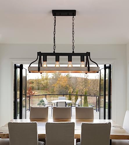 Black and Retro Wood Finish 4-Light Linear Chandelier B39300
