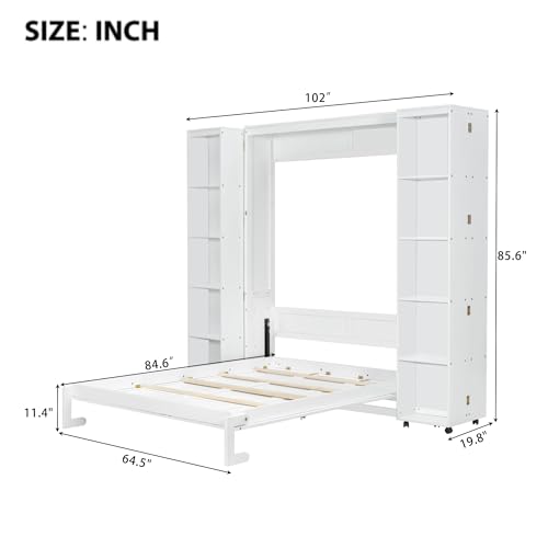 Wood White Queen Murphy Bed with Storage Shelves L259