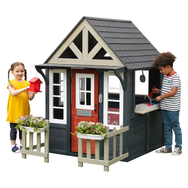 Wooden Playhouse with Working Doorbell, Fence, Kitchen and Pet Door M721348