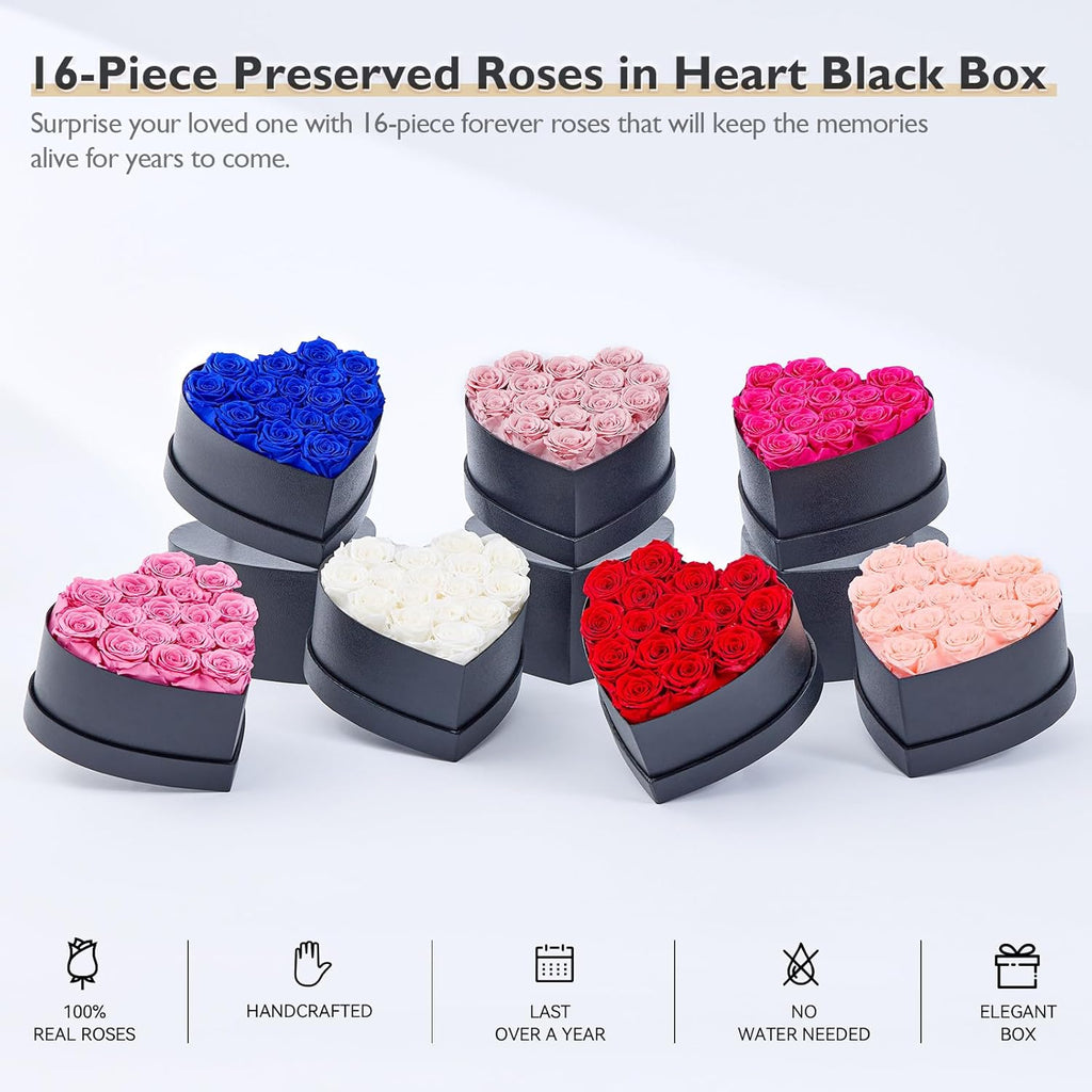Heart Shape Box Preserved Roses (Black Box, 16 Red Roses) U859718
