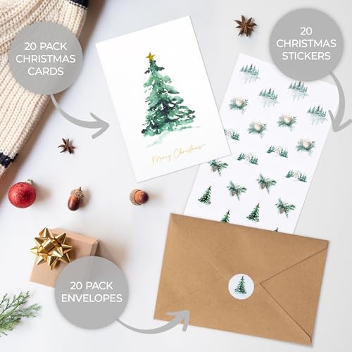 Christmas Cards Set of 20 with Watercolor Designs, Envelopes, Stickers, Storage Box Q19134