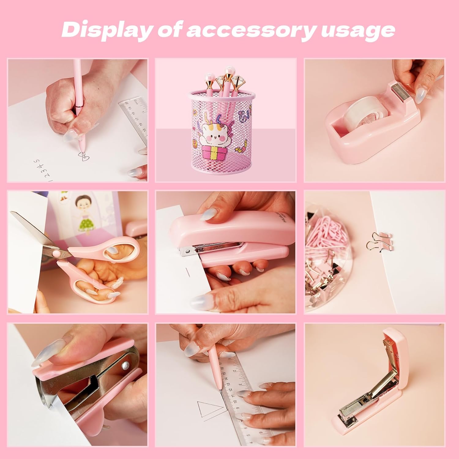 Pink Office Supplies Set with Stapler, Tape Dispenser, Pen Holder, 1000 Staples V7265
