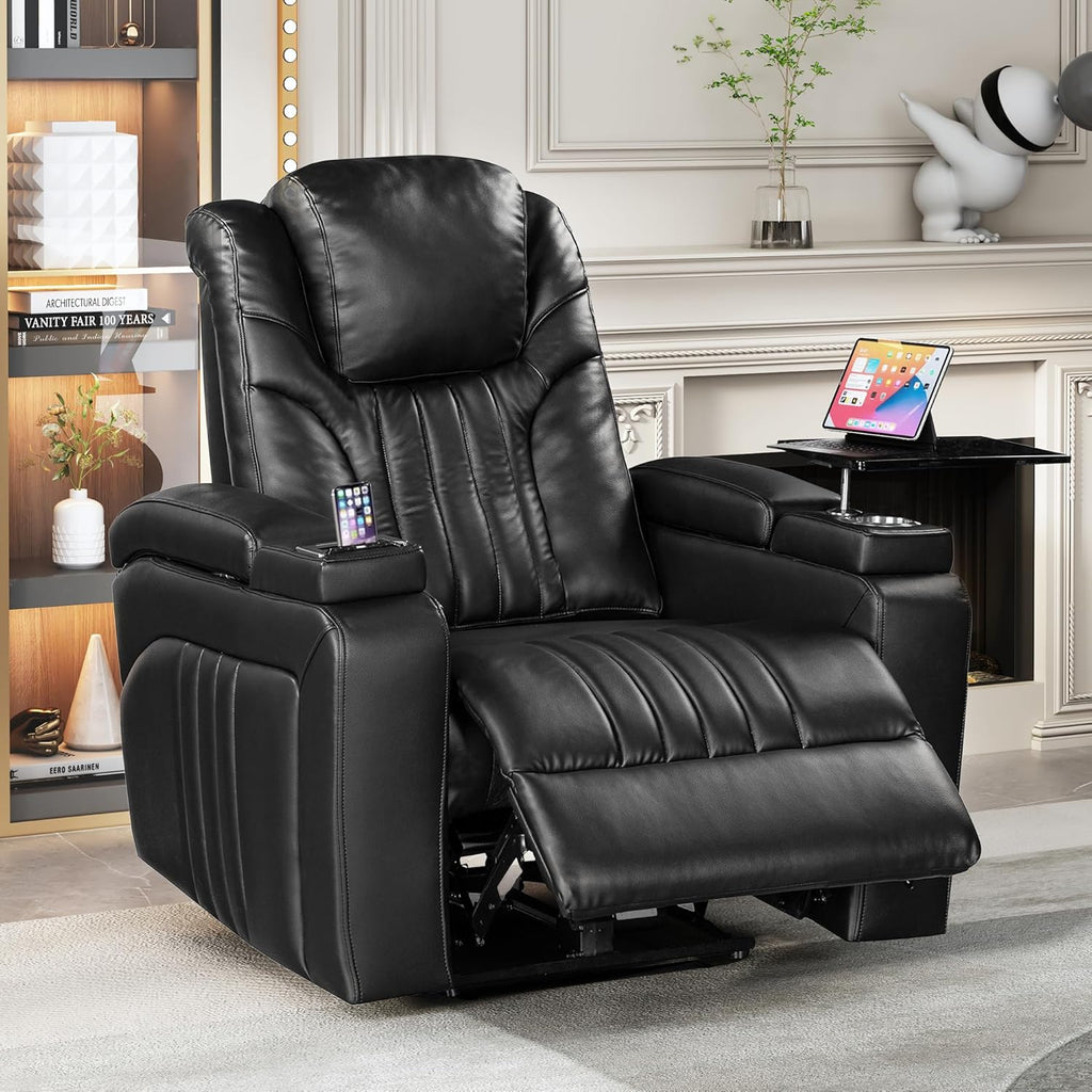 Black PU Leather Power Recliner with USB Port V2673