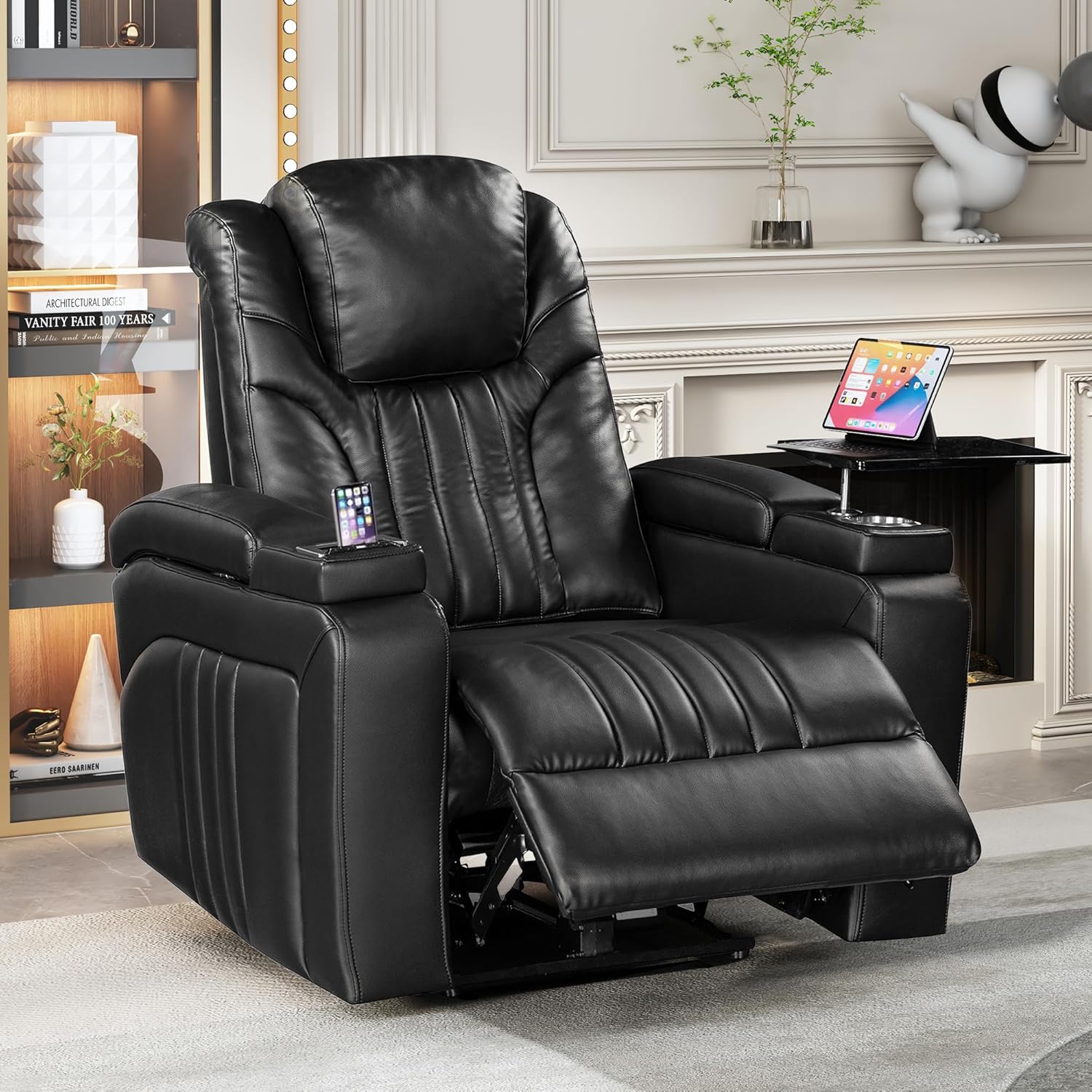 Black PU Leather Power Recliner with USB Port V2673