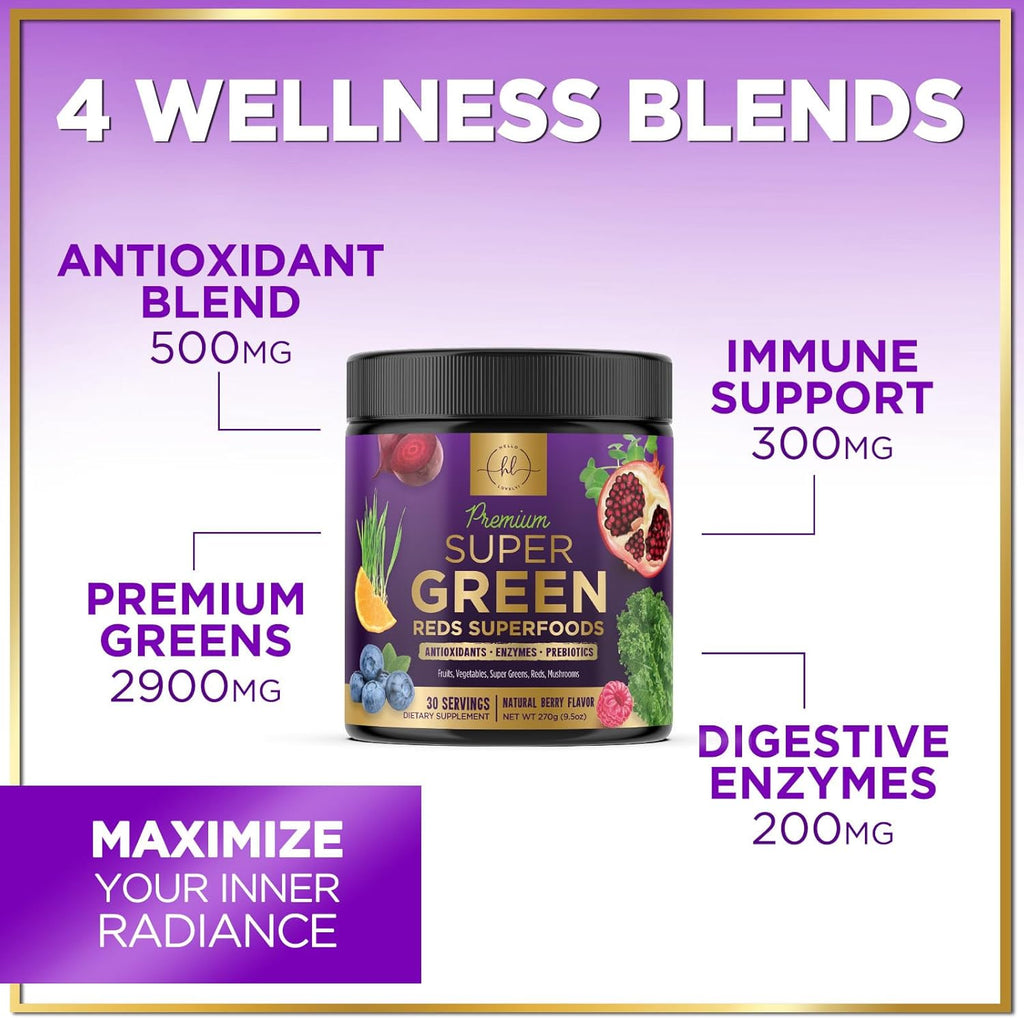 Super Greens Powder with Spirulina, Chlorella, Mushrooms, Antioxidants & Digestive Enzymes - 30 Servings J482