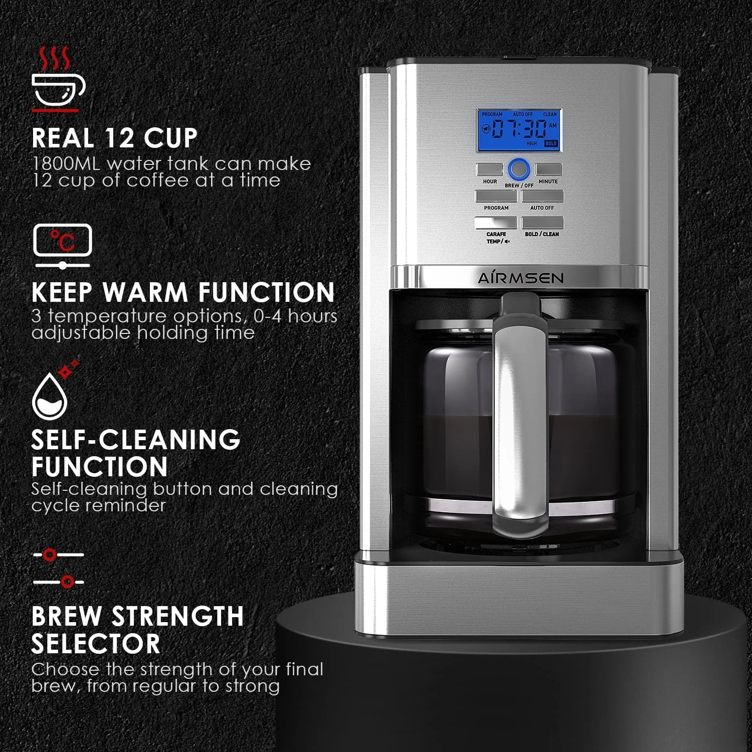Stainless Steel 12 Cup Programmable Drip Coffee Maker Y230