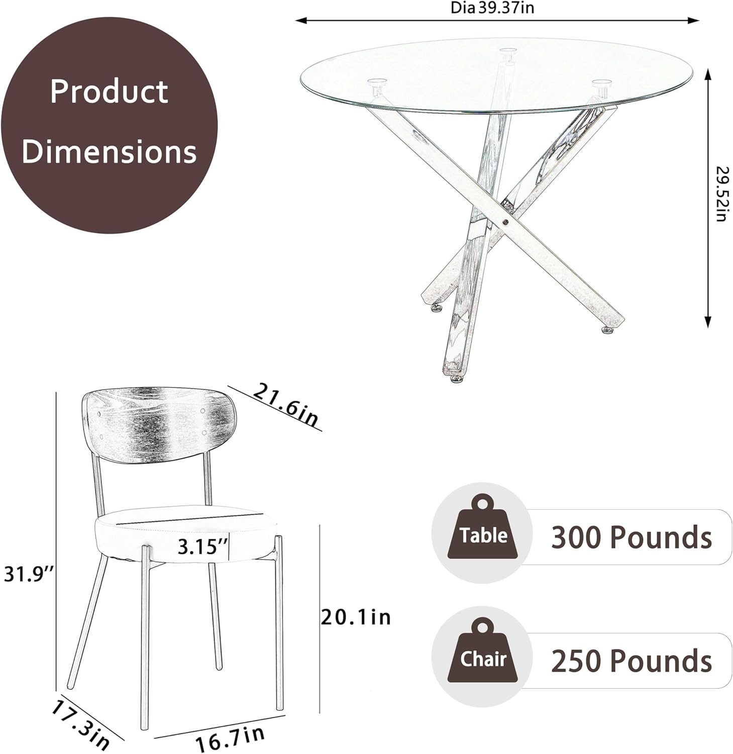 5 Pcs Round Glass Dining Table Set with Beige Faux Leather Chairs R919300