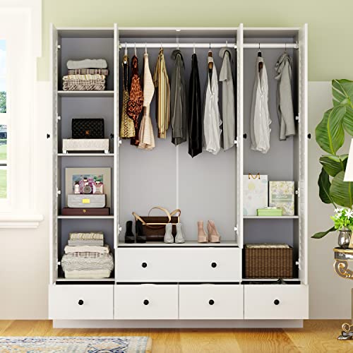 White 5 Drawer Wardrobe Armoire with Shelves and Hanging Rod P93132