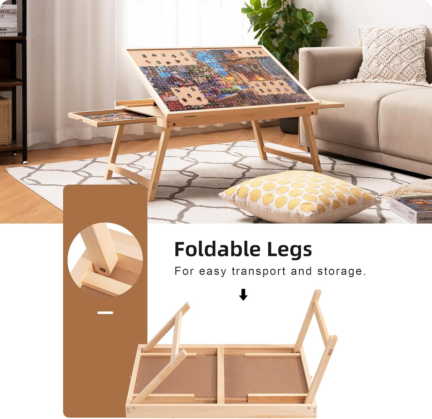 Tilting Puzzle Table with 2 Drawers, Adjustable Jigsaw Puzzle Board, Portable Wooden Puzzle Plateau with Folding Legs & Non-Slip Tabletop J978861