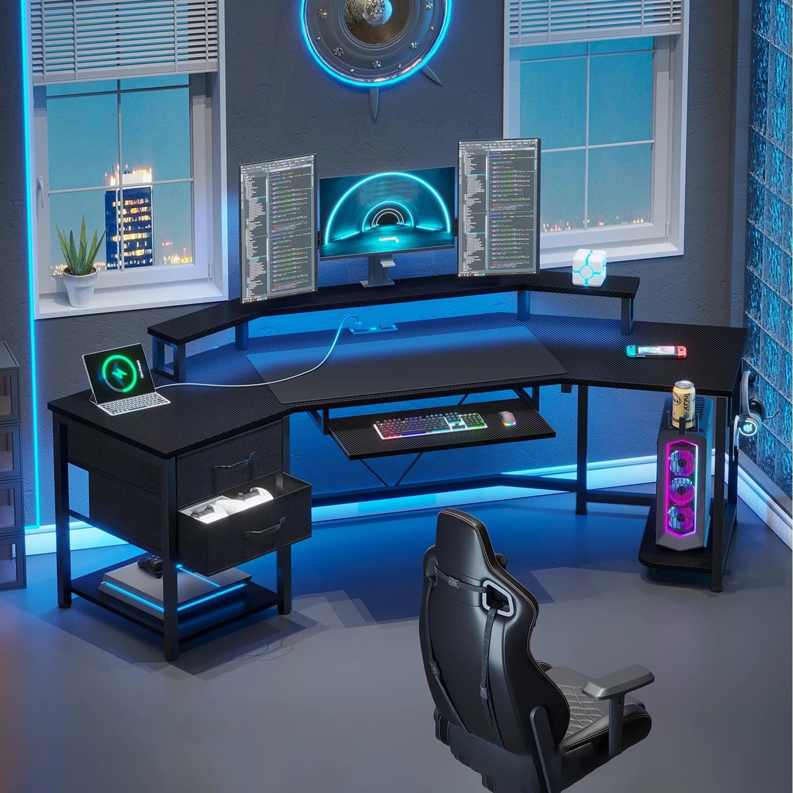 Black L Shaped Gaming Desk with LED Lights, Power Strip, 2 Fabric Drawers, Storage Shelf, Keyboard Tray D138428