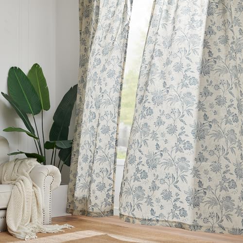 Sage Green Linen Floral Curtains 84 Inch Length Set 2 Panels T6136