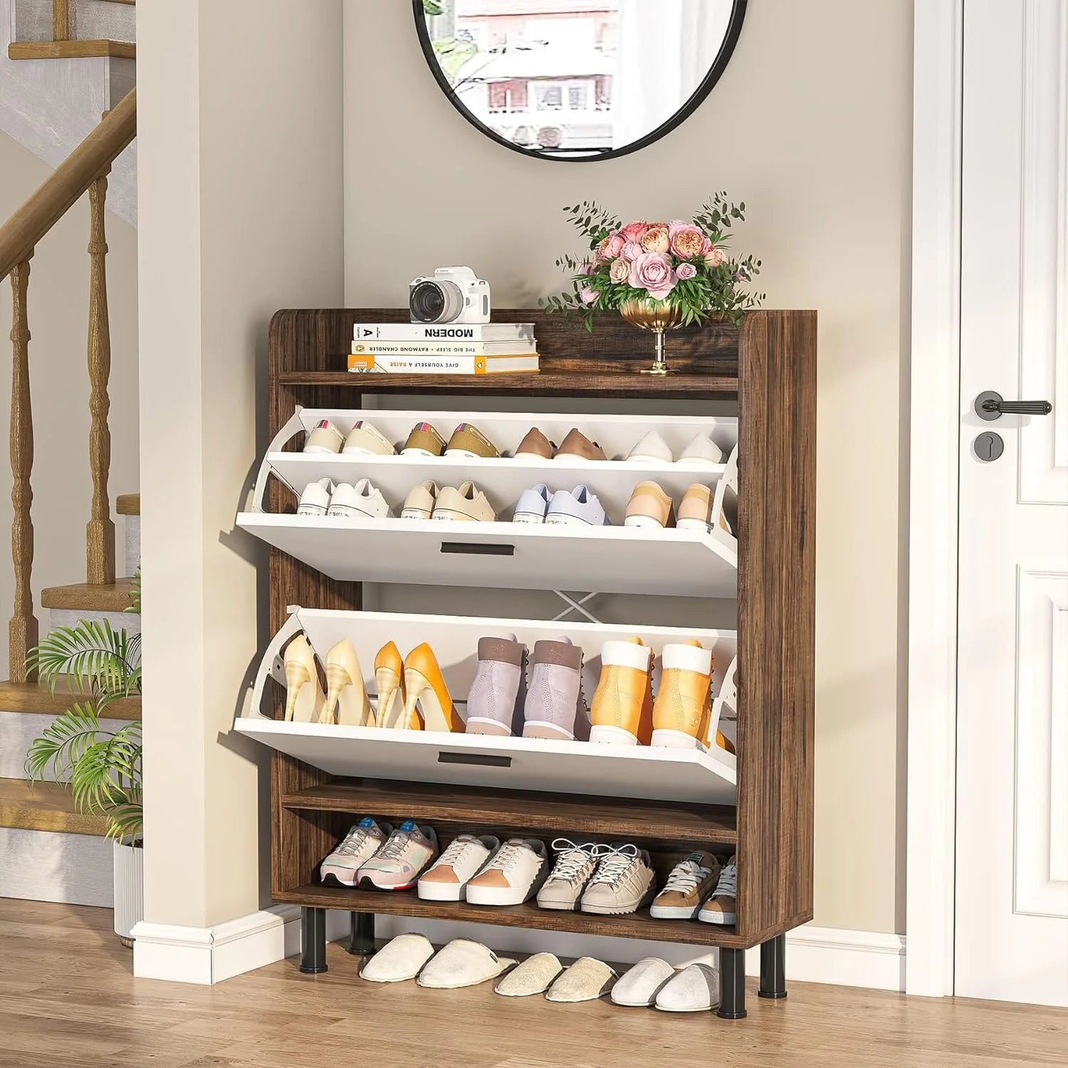 2-Tier Shoe Storage Cabinet with Flip Doors (Brown) K58245