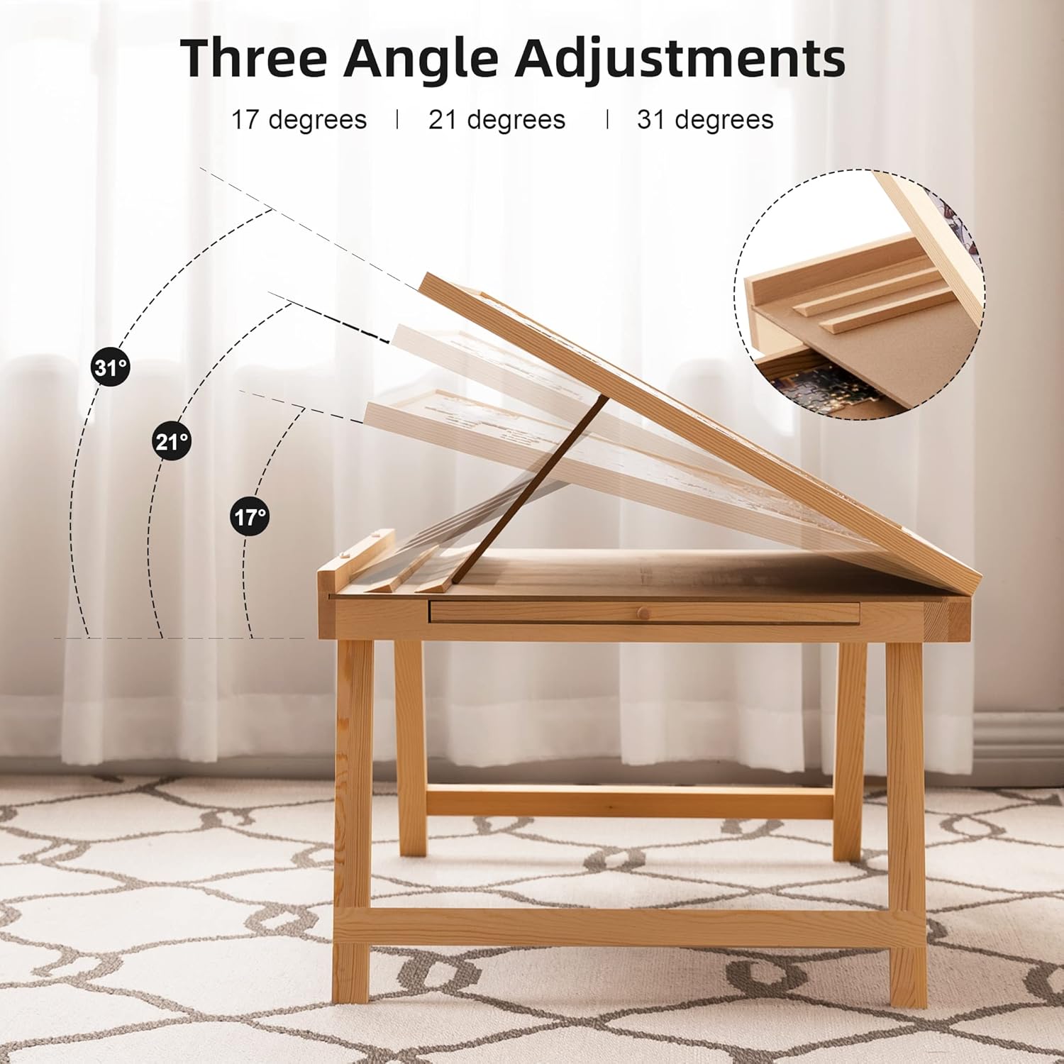 Tilting Puzzle Table with 2 Drawers, Adjustable Jigsaw Puzzle Board, Portable Wooden Puzzle Plateau with Folding Legs & Non-Slip Tabletop J978861