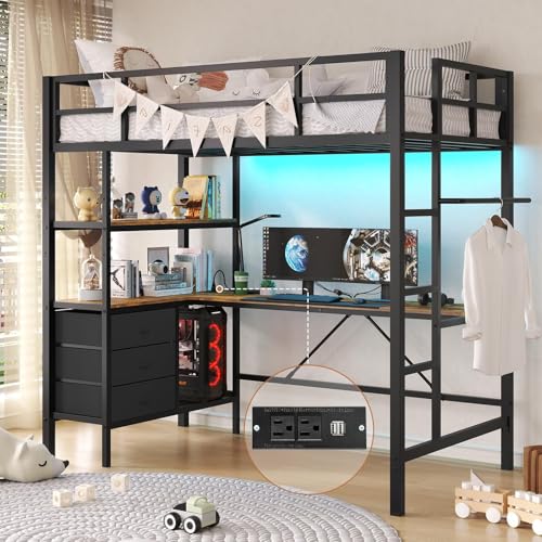 Full Size Loft Bed with L-Shaped Desk and Charging Station Metal Bed Frame with LED Lights B38506