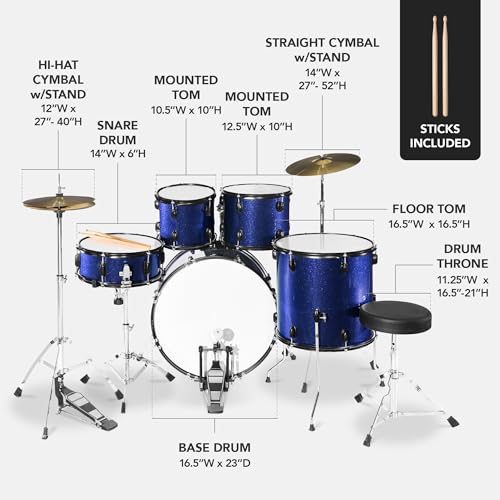5-Piece Full Size Complete Adult Drum Set with Cymbal Stands, Stool, Drum Pedal, Sticks, Floor Tom - Dark Blue Sparkle C54825