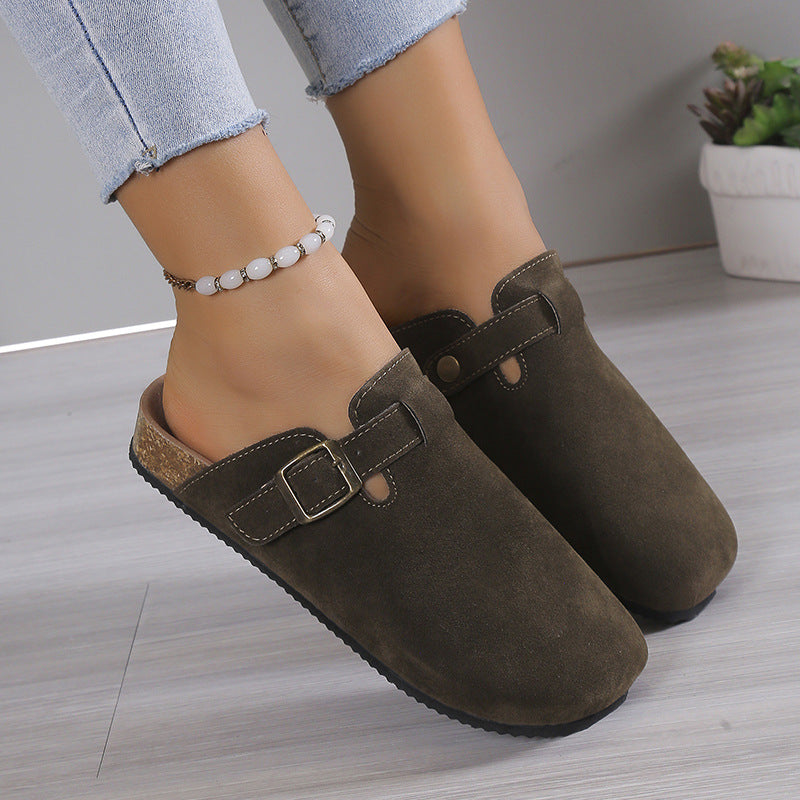 Women's Birkenstock Style Suede Buckle Clogs with Cork Footbed