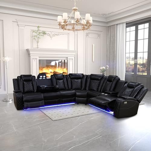 Cream White Leather Power Recliner Sectional Sofa with LED I680