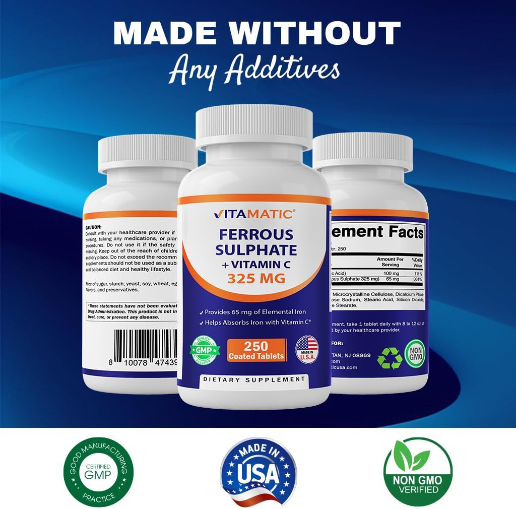 Ferrous Sulphate 325 mg + Vitamin C 100 mg 65 mg Elemental Iron Iron Supplement 250 Coated Tablets W951695