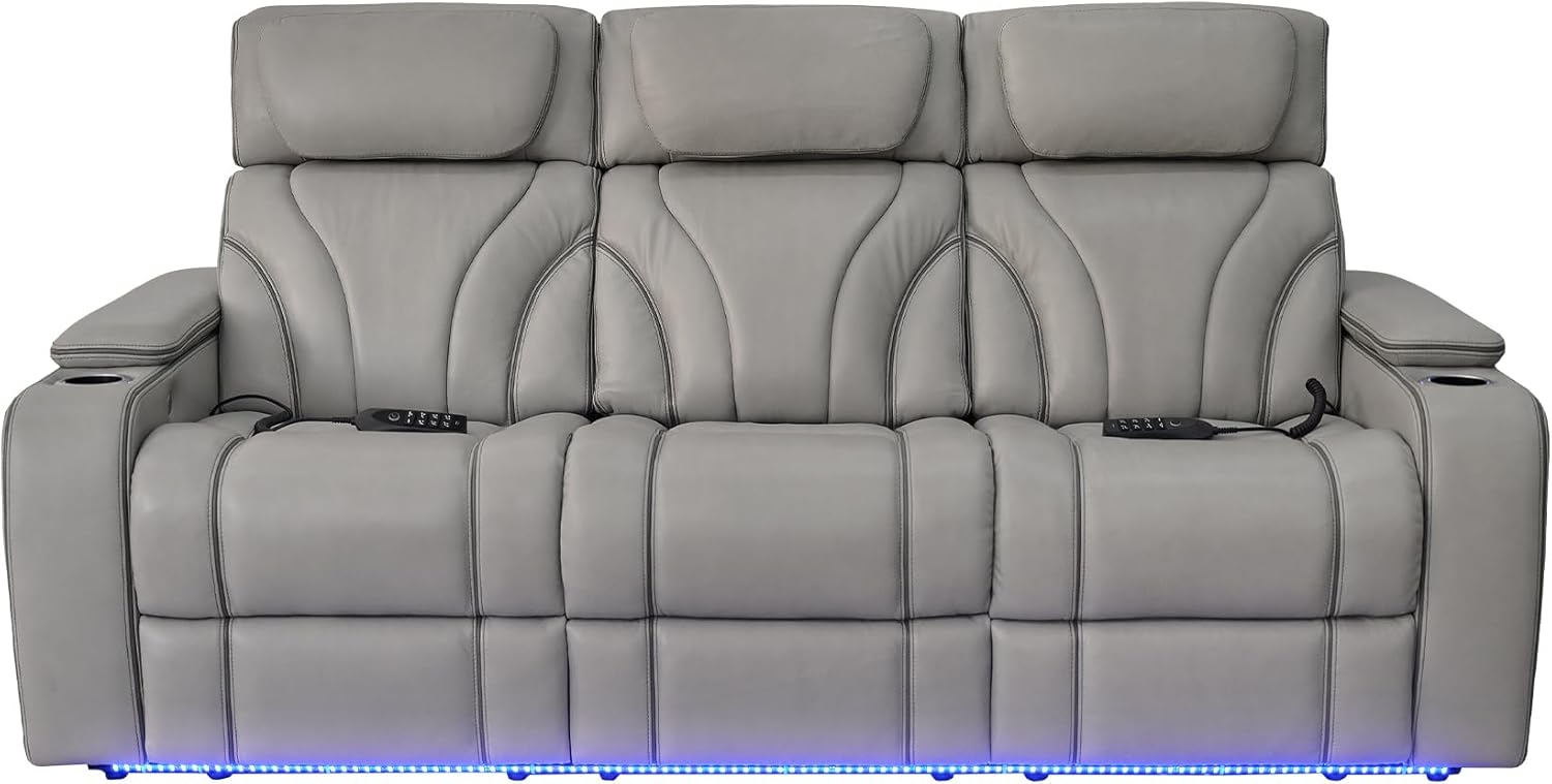 86" Wide Silver Gray Top Grain Leather Power Reclining Heated Massage Sofa S6515