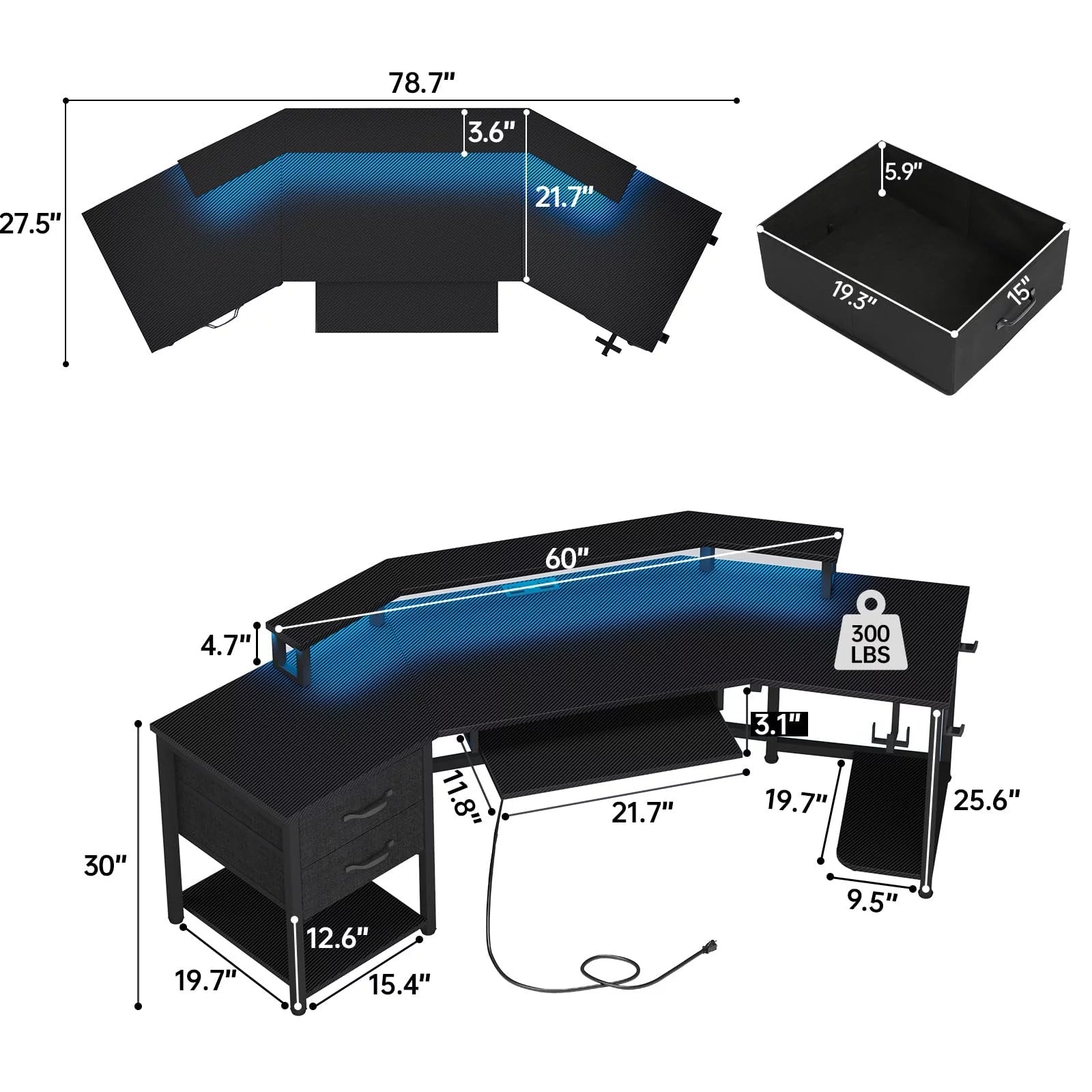 Black L Shaped Gaming Desk with LED Lights, Power Strip, 2 Fabric Drawers, Storage Shelf, Keyboard Tray D138428