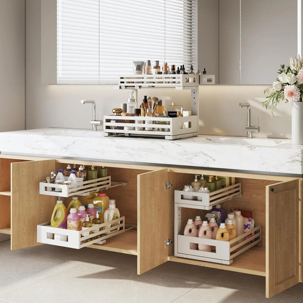 2-Pack 2-Tier L Shape Pull Out Cabinet Organizer With Round Tube Slide Rails, White S64866