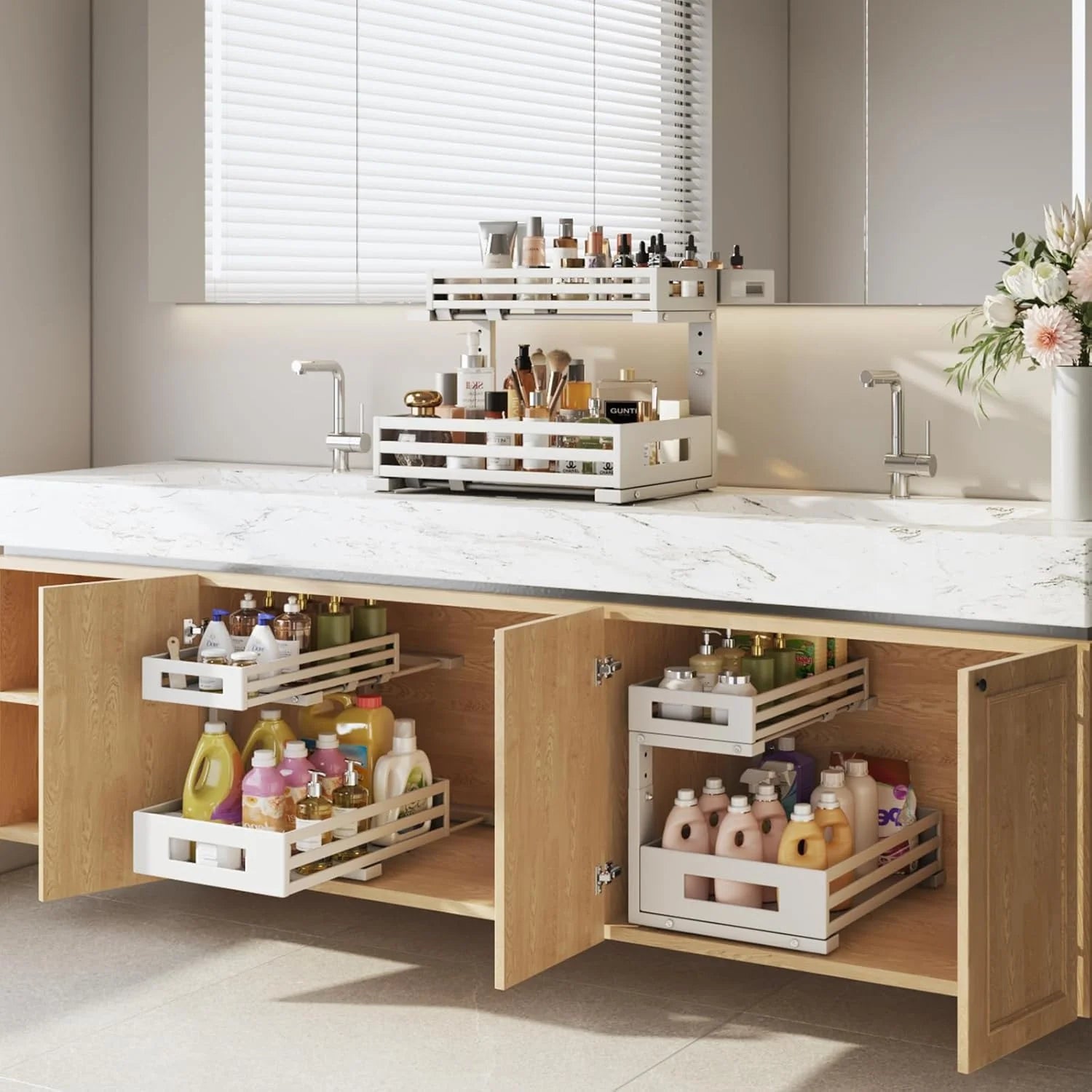 2-Pack 2-Tier L Shape Pull Out Cabinet Organizer With Round Tube Slide Rails, White S64866