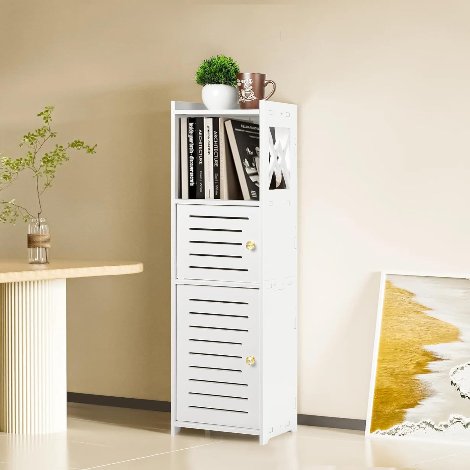 Slim Bathroom Storage Cabinet with Double Door and 3 Tier Shelf J7195