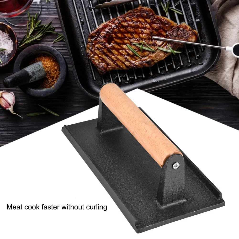 Commercial Cast Iron Steak Press with Wooden Handle D4896