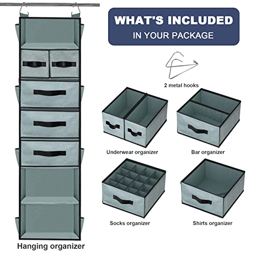 Gray 7-Shelves Hanging Closet Organizer with 5 Drawers and 8 Mesh Pockets M5460