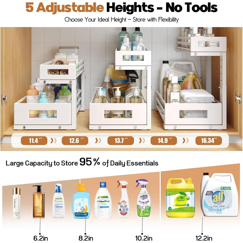 2-Pack 2-Tier L Shape Pull Out Cabinet Organizer With Round Tube Slide Rails, White S64866