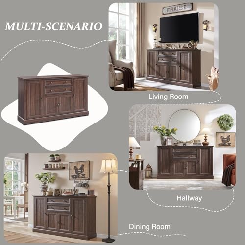 Brown Wood Buffet Cabinet with Storage, 2 Drawers, 4 Barn Doors G995764