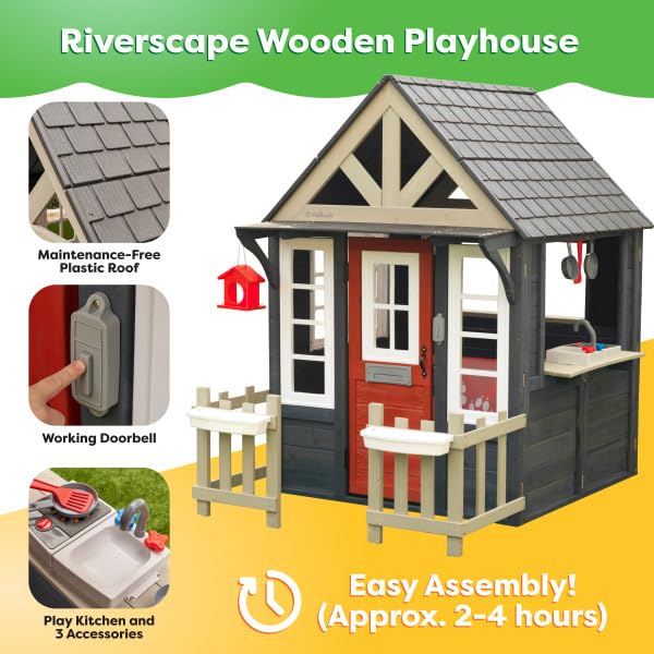 Wooden Playhouse with Working Doorbell, Fence, Kitchen and Pet Door M721348