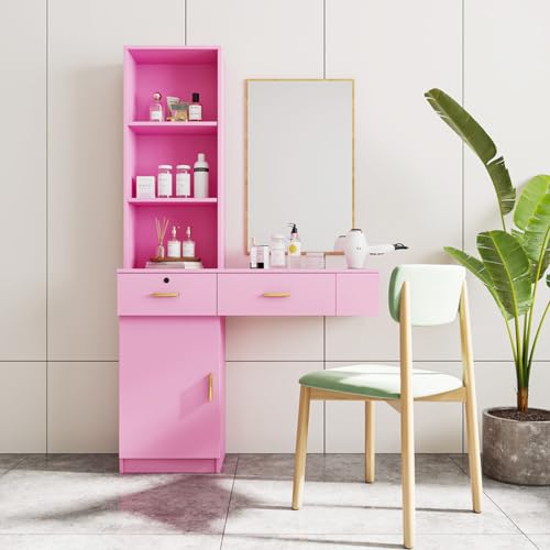 Pink Wood Computer Desk with Drawers Shelves Dresser Desk F986084
