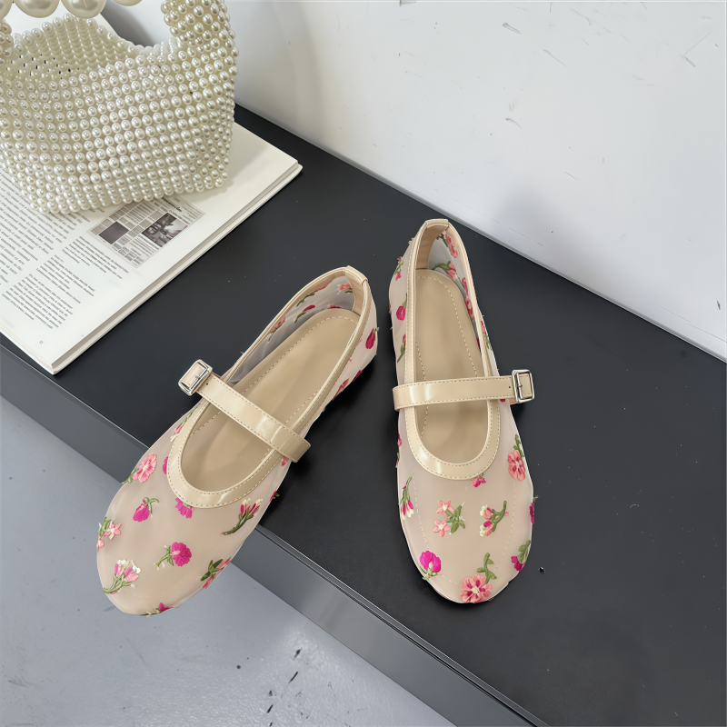 Women's Floral Embroidered Mesh Mary Jane Flats with Buckle Strap