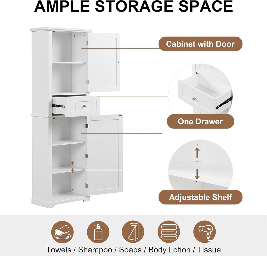 White Tall Linen Bathroom Storage Cabinet with 2 Doors and 1 Drawer L846932