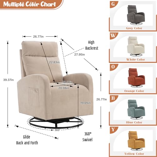 White Teddy Upholstered Swivel Rocking Nursery Chair with Side Pocket and High Backrest F36071