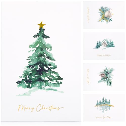 Christmas Cards Set of 20 with Watercolor Designs, Envelopes, Stickers, Storage Box Q19134