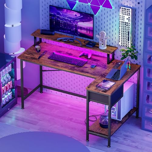 Rustic Brown L Shaped Computer Desk with Power Outlets and LED Lights and Drawer Y743