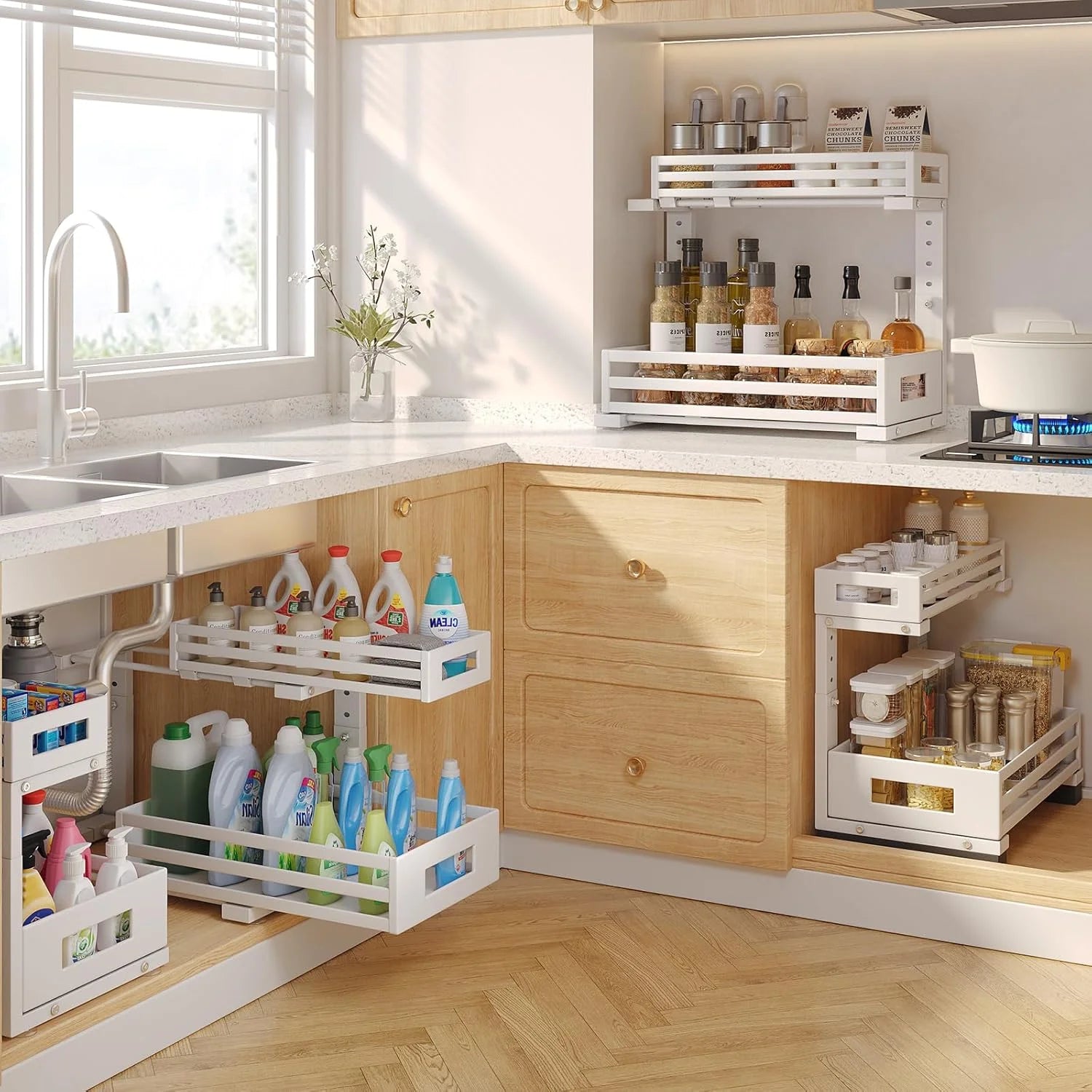 2-Pack 2-Tier L Shape Pull Out Cabinet Organizer With Round Tube Slide Rails, White S64866