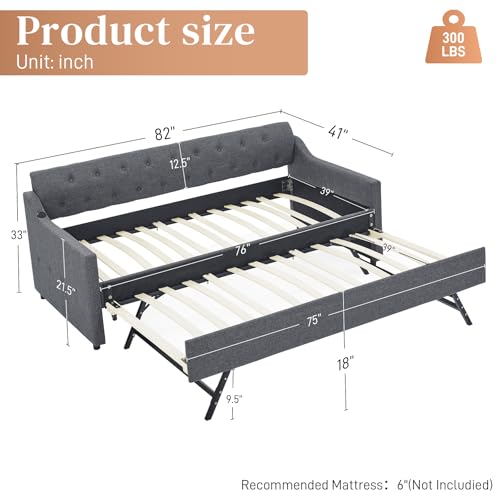 Beige Twin Daybed with Pop Up Trundle, Upholstered Sofa Bed Frame with Button Tufting Linen Trim, Wood Slats V917