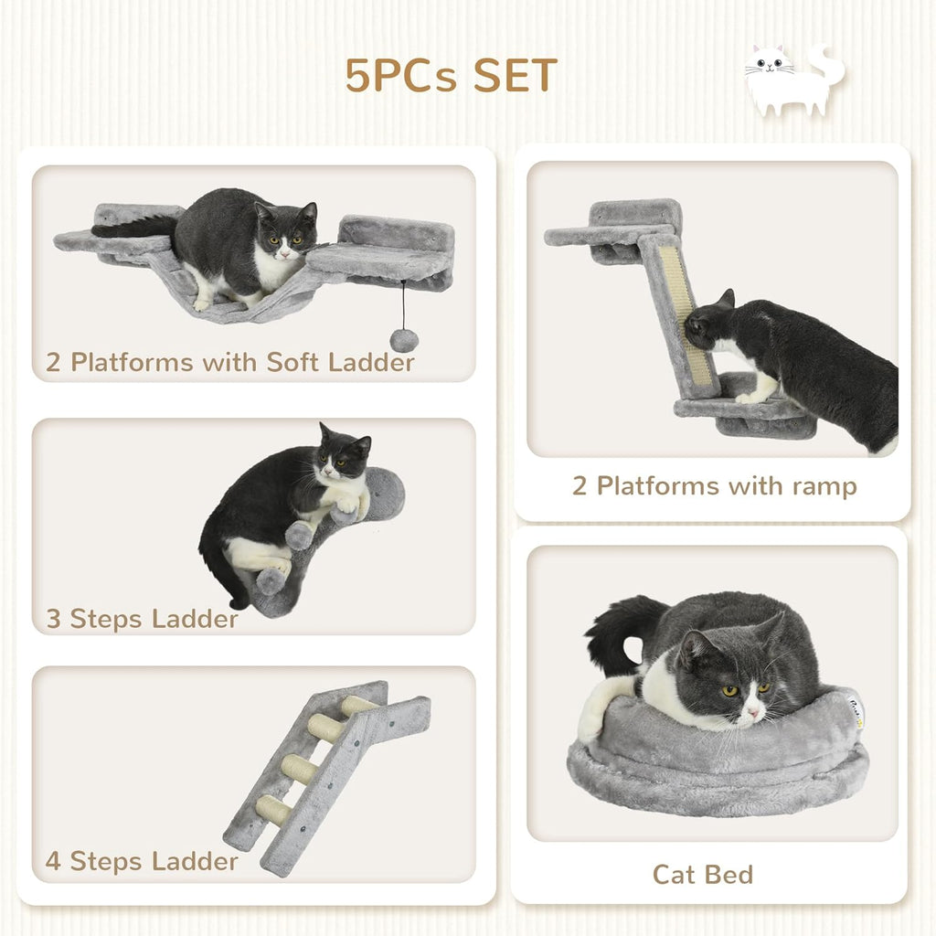 Gray 5PCs Cat Wall Shelves with Soft Plush Sisal U317688