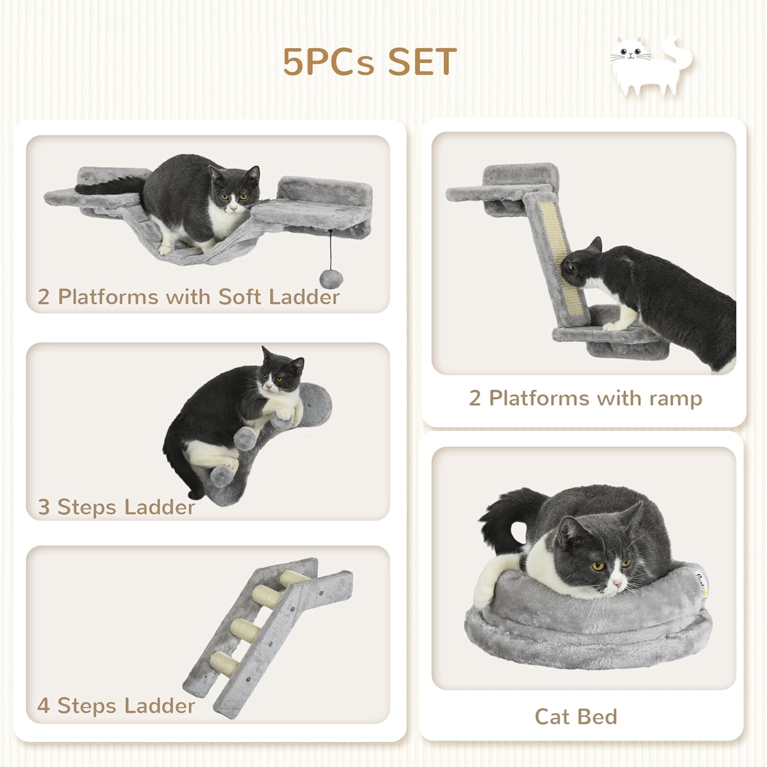 Gray 5PCs Cat Wall Shelves with Soft Plush Sisal U317688