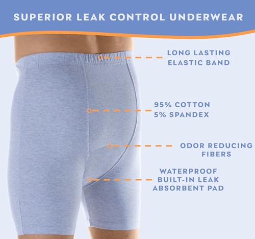 Men’s Incontinence Boxer Briefs, Regular Absorbency, Reusable & Washable Leak Proof Underwear, Pack of 6, Assorted, L, Waist 38-40 F6452