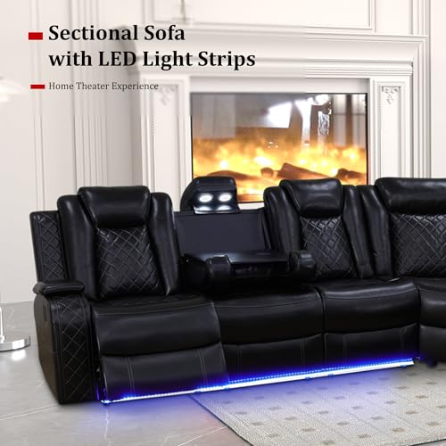 Cream White Leather Power Recliner Sectional Sofa with LED I680