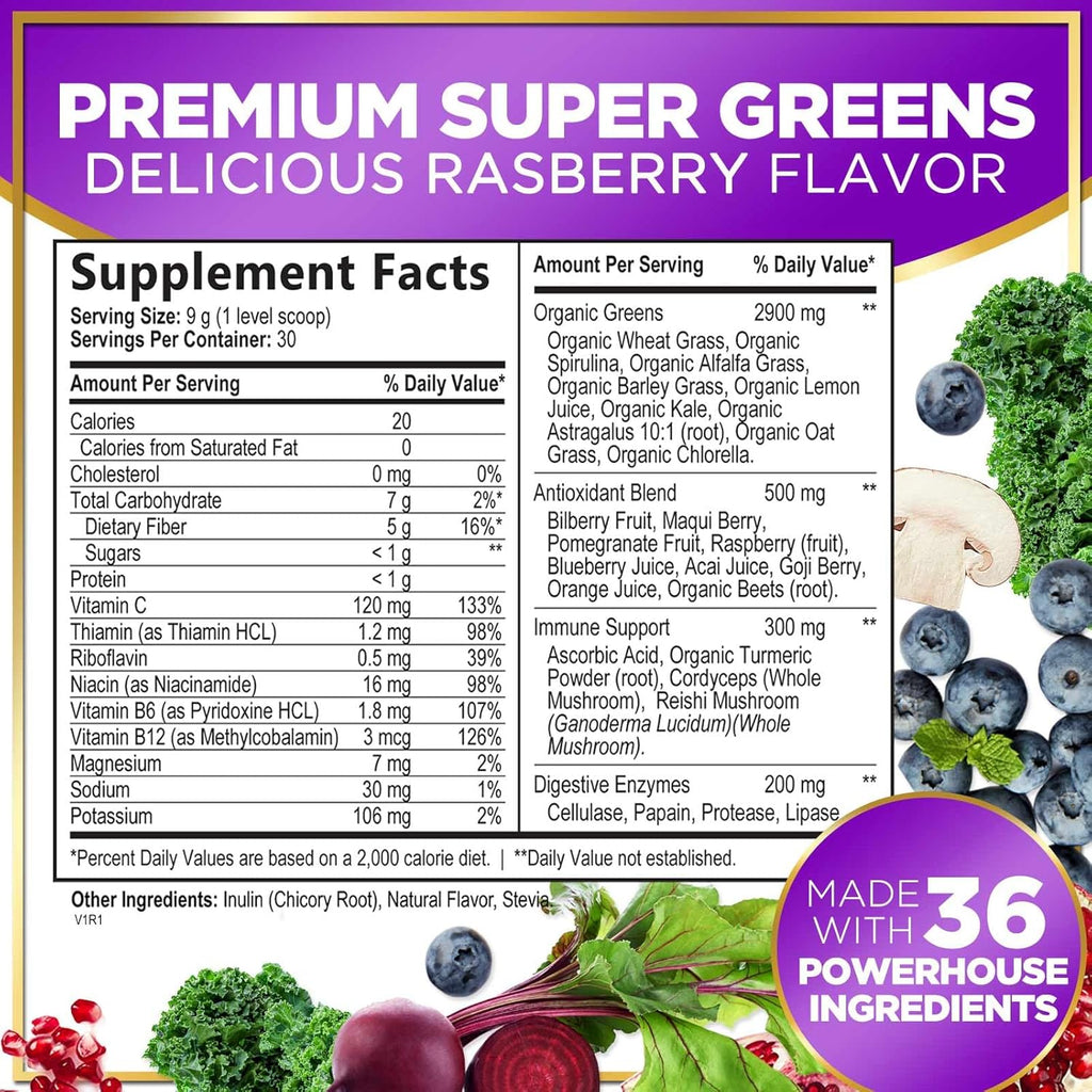 Super Greens Powder with Spirulina, Chlorella, Mushrooms, Antioxidants & Digestive Enzymes - 30 Servings J482