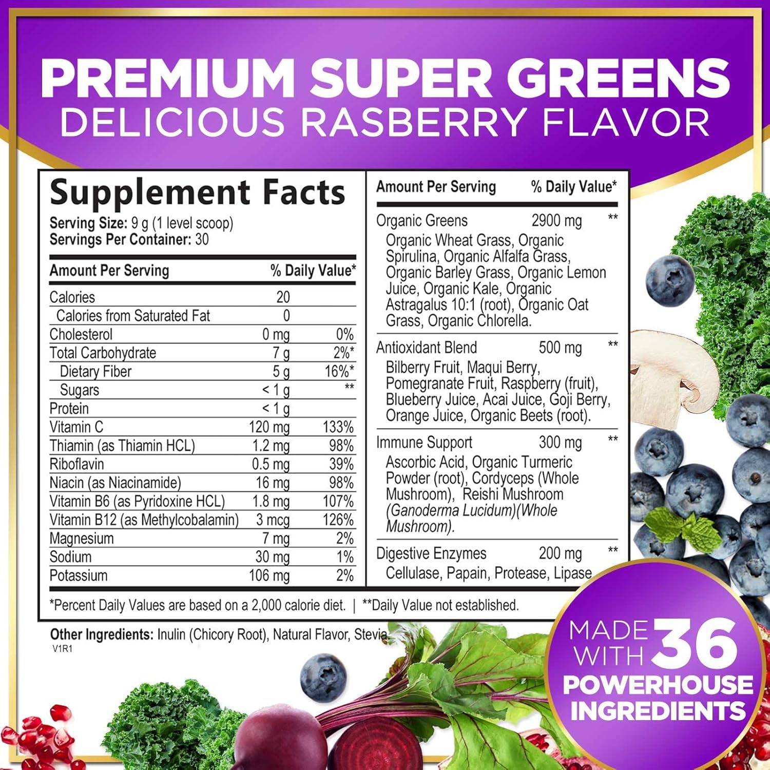 Super Greens Powder with Spirulina, Chlorella, Mushrooms, Antioxidants & Digestive Enzymes - 30 Servings J482