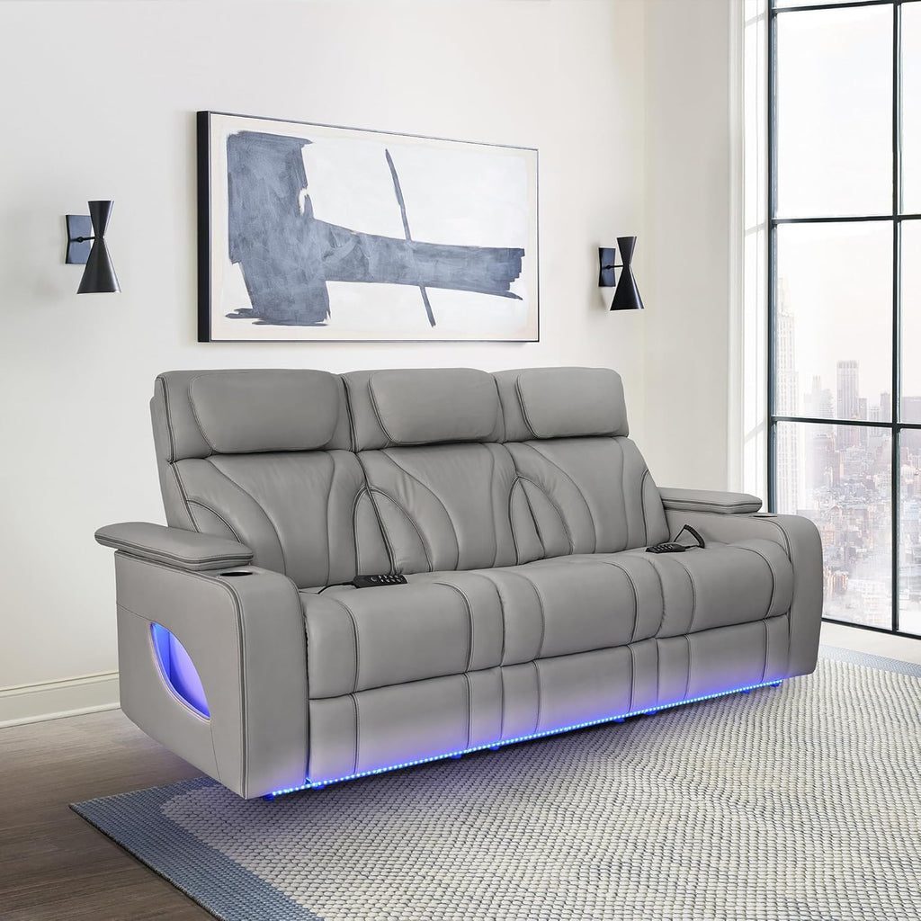 86" Wide Silver Gray Top Grain Leather Power Reclining Heated Massage Sofa S6515
