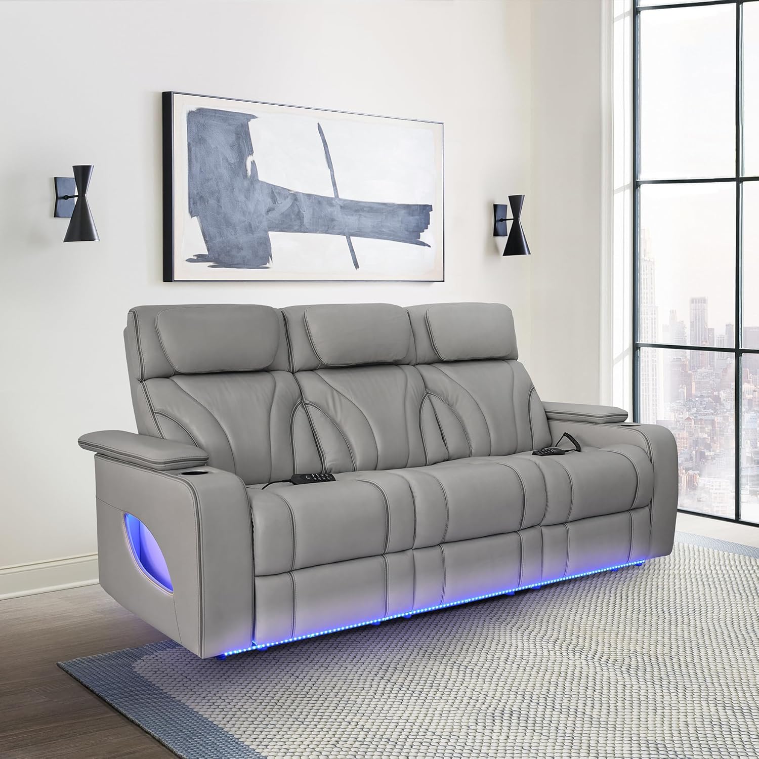 86" Wide Silver Gray Top Grain Leather Power Reclining Heated Massage Sofa S6515