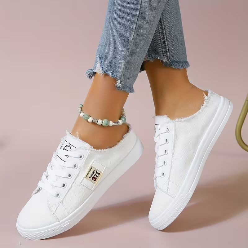 Women's Casual Canvas Slip-On Sneakers – Distressed Frayed Edge Mule Shoes